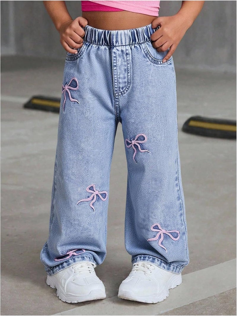 Verdusa Girl's Cute Bow Jeans Elastic High Waisted Straight Leg Casual Denim Pants with Pockets - Image 5